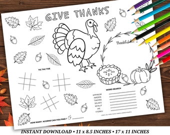 Printable Thanksgiving Placemat for kids, Coloring Page & Activity Sheet for Kids, Printable Placemat, Table Decor, Party games for kids