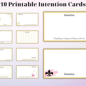 Peut inclure: Dix cartes d'intention imprimables avec des cadres dorés et des motifs variés. Les cartes présentent des affirmations positives telles que "Je suis reconnaissant pour ma manifestation" et "Tout fonctionne toujours pour moi".