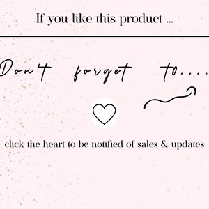 Puede incluir: Fondo rosa con motas doradas. El texto dice "Si te gusta este producto... No olvides..." con un icono de coraz&oacute;n y una flecha ondulada apuntando hacia la derecha. El texto debajo dice "haz clic en el coraz&oacute;n para recibir notificaciones de ventas y actualizaciones".