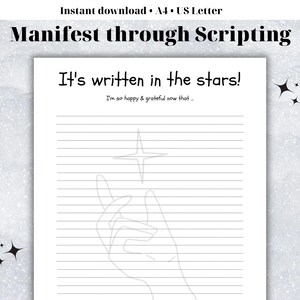 May include: Printable journaling page with lined paper and a hand reaching up to a star. The text reads "It's written in the stars! I'm so happy & grateful now that..."