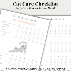 Cat Care checklist, Pet Care Planner, klusschema voor kinderen, dagelijkse klusjestracker, afdrukbare kattenklusjeschecklist, direct downloaden, brief, A4