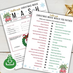 May include: Two printed game sheets titled Hallmark Christmas Movie MASH and Hallmark Christmas Movie Would You Rather. The sheets feature red vintage car illustrations, green wreaths, blue snowflakes, and lists of holiday-themed text prompts.