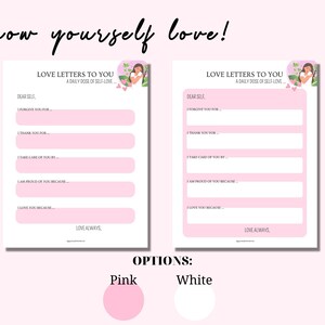 Puede incluir: Hoja de trabajo imprimible rosa y blanca con el t&iacute;tulo "Love Letters to You: A Daily Dose of Self-Love." La hoja de trabajo tiene indicaciones para la autorreflexi&oacute;n y el amor propio, como "Forgive you for...", "Thank you for...", "I take care of you by...", "I am proud of you because...", y "I love you because..."