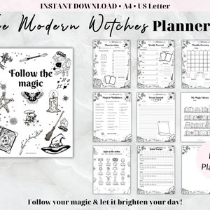 Undated Witch Planner, Printable Planner, Daily Planner, Weekly Planner, Monthly Calendar, Grimoire pages, PDF, US letter, A4