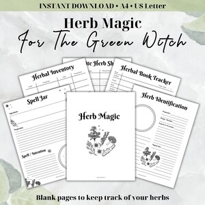 May include: Printable pages for a herb magic journal. The pages include sections for herbal inventory, spell jar recipes, herb book tracking, and herb identification. The pages are black and white with a simple design.