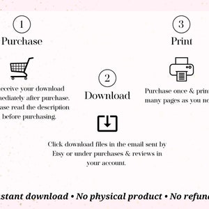 Puede incluir: Una gu&iacute;a de descarga digital con tres pasos: compra, descarga e impresi&oacute;n. La gu&iacute;a incluye iconos para un carrito de compras, una flecha de descarga y una impresora. El texto "Descarga instant&aacute;nea. No hay producto f&iacute;sico. No hay reembolsos" est&aacute; en la parte inferior.