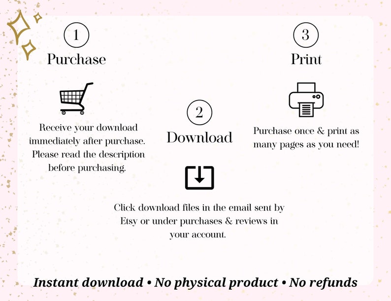 Puede incluir: Una gu&iacute;a de descarga digital con tres pasos: compra, descarga e impresi&oacute;n. La gu&iacute;a incluye iconos para un carrito de compras, una flecha de descarga y una impresora. El texto "Descarga instant&aacute;nea. No hay producto f&iacute;sico. No hay reembolsos" est&aacute; en la parte inferior.