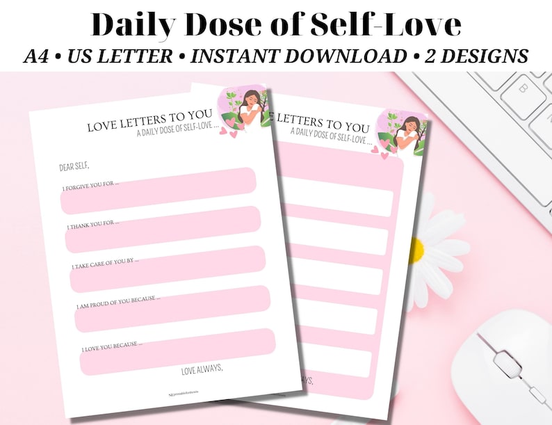 Puede incluir: Dos p&aacute;ginas de diario imprimibles en rosa y blanco sobre el amor propio con un dise&ntilde;o floral y el texto "Love Letters to You" y "A Daily Dose of Self-Love..."