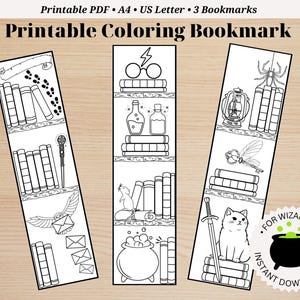 Printable Wizard Bookmarks: Coloring Bookshelf, Reading Log (Set of 3) (PDF)