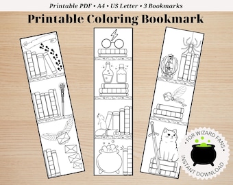 Marcapáginas de mago imprimibles: Estantería para colorear, registro de lectura (juego de 3) (PDF)