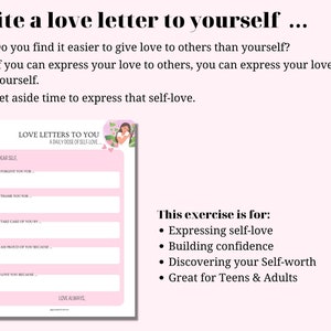 Puede incluir: Una hoja de trabajo imprimible con un fondo rosa y una ilustraci&oacute;n de dibujos animados de una mujer sosteniendo un coraz&oacute;n. La hoja de trabajo se titula "Love Letters to You: A Daily Dose of Self-Love." Incluye indicaciones para la autorreflexi&oacute;n, como "Te perdono por..." y "Te amo porque..."
