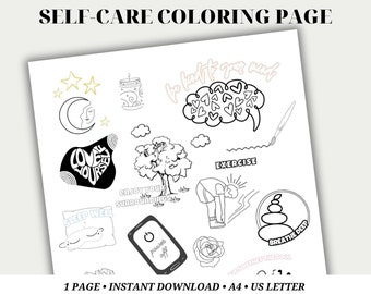 May include: A black and white printable coloring page with self-care themed illustrations. The illustrations include a moon, a candle, a tree, a heart with the words "Love Yourself", a pillow with the words "Sleep Well", a phone with the words "Power Off", a rose, a person exercising, a stack of stones with the words "Breathe Deep", and a speech bubble with the words "Be kind to your mind".