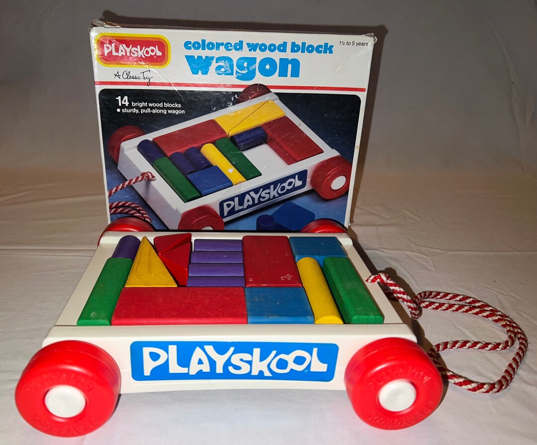 Vintage Playskool Colored Wood Block Wagon Etsy