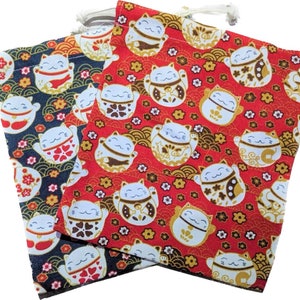 Maneki Neko-tas met trekkoord: Japans katoenen Lucky Cat-zakje