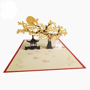 Pavilhão japonês sob a árvore, com coelho, lua, cartão pop-up, cartão de casamento, 3D, feito à mão, cartão de felicitações, cartão de aniversário, dia dos namorados, mãe