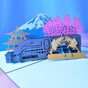 Carte pop-up japonaise Mont Fuji, Shinkansen, Fleurs de cerisier, Pavillon, Lutteurs de sumo, 3D, Fait main, Carte de voeux, anniversaire, Saint-Valentin
