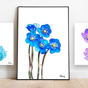 ワスレナグサの花の水彩画、ミオソティスの水彩画、壁の装飾、壁アート、ギフト用のデジタルアートプリント