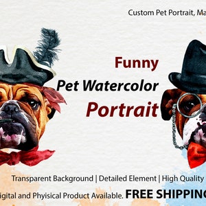 Divertido dibujo animado Perro y gato Retrato de acuarela Pintura personalizada de retrato de mascotas
