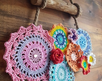 Wall pendant, crochet, colorful, mandala, wood