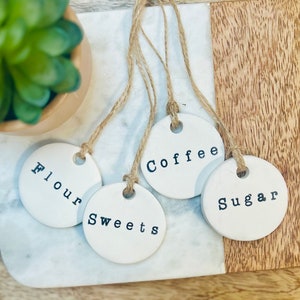 Set of 4 Hand Stamped Coffee Flour Sweets Sugar Organization Labels for Kitchen Canisters or Jars l Modern Farmhouse Kitchen Decor