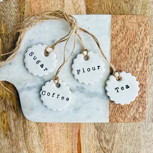Set of 4 Kitchen Jar Label l Water and Shatterproof l Coffee, Flour, Sugar, Tea Clay Tags for Jars, Mason Jars, Pantry Baskets  l Farmhouse