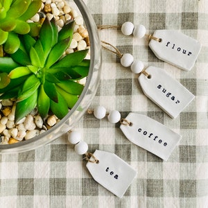 Set of 4 Kitchen Jar Labels l Boho Kitchen Aesthetic l Organization Pantry Flour Sugar Coffee Labels l Custom Hand Crafted Clay Kitchen Tags
