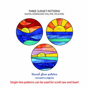 May include: Three stained glass sunset patterns in circular designs. Each features a sunset over water, with vibrant colors of orange, yellow, blue, and green. Text includes "THREE SUNSET PATTERNS" and "DIGITAL DOWNLOAD".