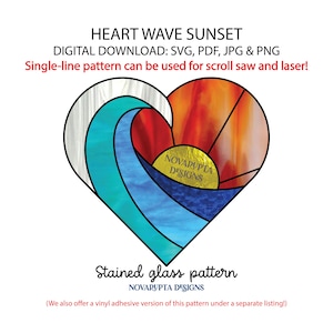 Puede incluir: Un patrón de vidriera en forma de corazón con un diseño de puesta de sol y olas. El diseño presenta una ola turquesa, una puesta de sol roja y naranja y un sol dorado. El texto incluye "HEART WAVE SUNSET" y "Stained glass pattern".
