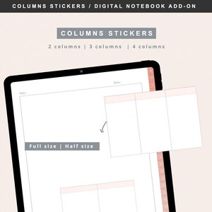 Puede incluir: Pegatinas para cuaderno digital para crear columnas en tu planificador. Las pegatinas están disponibles en opciones de 2, 3 y 4 columnas. Las pegatinas se pueden usar en tamaño completo o en tamaño medio.