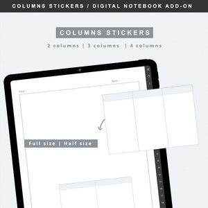 Puede incluir: Un complemento digital para cuaderno con pegatinas de columnas para organizar notas. Las pegatinas se muestran en dos tamaños: tamaño completo y tamaño medio. Las pegatinas se muestran en la pantalla de una tableta con el texto "COLUMNS STICKERS" y "2 columnas | 3 columnas | 4 columnas".