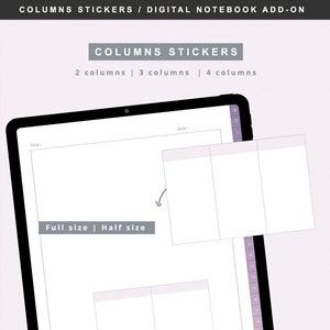 Könnte beinhalten: Digitales Notizbuch-Add-on mit dem Text "COLUMNS STICKERS". Das Bild zeigt ein Tablet mit digitalen Stickern für 2, 3 und 4 Spalten, erhältlich in voller und halber Größe. Der Text "THEEASYTEMPLATE.COM" befindet sich unten.