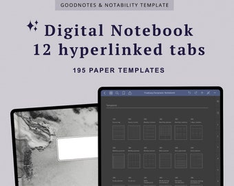 Digital Notebook Goodnotes Journal with Tabs Notability Notepad, Lined, Grid, Dotted, 12 hyperlinked tabs, Minimalist University Note Taking