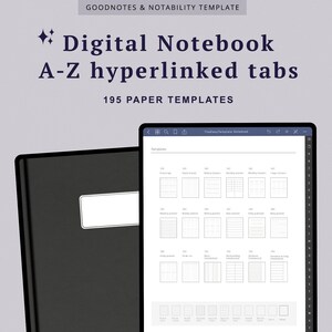 May include: A digital notebook app interface with a black cover and a screen displaying a list of 195 paper templates. The templates are organized alphabetically and include options like "future log", "weekly planner", "money planner", "study planner", "to-do list", "word writing", "sentence writing", "gratitude", "daily planner", "blank", and "checklist".