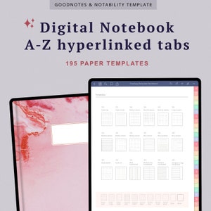 Puede incluir: Una interfaz de aplicación de cuaderno digital con una portada de mármol rosa y blanco y una lista de 195 plantillas de papel. Las plantillas incluyen un registro futuro, un rastreador de hábitos, un planificador semanal, un planificador mensual, gratitud diaria, un planificador de estudios, y más.