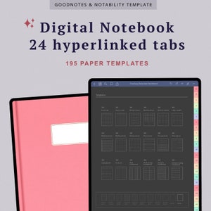 Könnte beinhalten: Ein rosa digitales Notizbuch mit 24 verlinkten Registerkarten und 195 Papiervorlagen. Das Notizbuch ist auf einem Bildschirm geöffnet, der eine Liste von Vorlagen zeigt, darunter Wochenplaner, tägliche Tracker und Studienleitfäden.