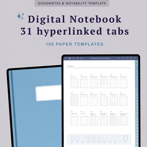 Könnte beinhalten: Eine digitale Notizbuch-App-Oberfläche mit einem blauen Cover und 31 verlinkten Registerkarten. Die App bietet 195 Papiervorlagen, darunter Wochenplaner, Studienplaner und To-Do-Listen.