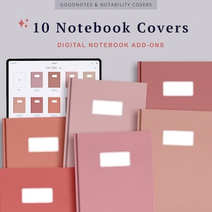 May include: Ten digital notebook covers in various shades of pink with a white label for adding a title. The covers are designed for Goodnotes and Notability apps.