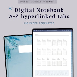 Aesthetic Blue Digital Notebook Goodnotes Journal Alphabetical Hyperlink Tabs A-Z Digital Note Taking Paper Template iPad Writing Notepad