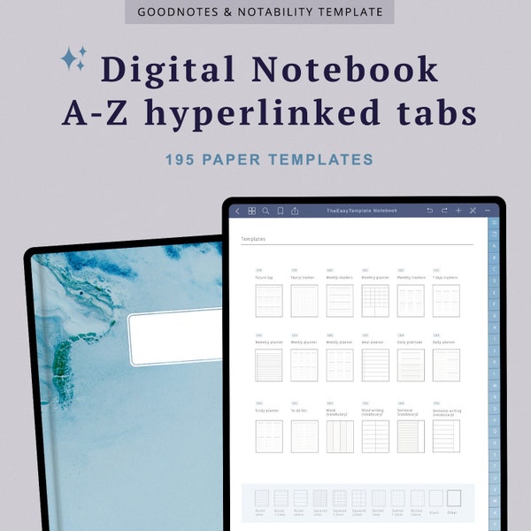 Aesthetic Blue Digital Notebook Goodnotes Journal Alphabetical Hyperlink Tabs A-Z Digital Note Taking Paper Template iPad Writing Notepad