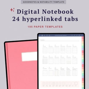 May include: A pink digital notebook with 24 hyperlinked tabs and 195 paper templates. The notebook is open on a tablet screen showing a variety of templates, including future log, habit tracker, weekly inventory, monthly planner, daily gratitude, and more.