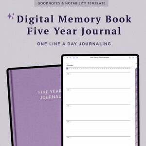 Puede incluir: Una plantilla de diario digital de cinco años para las aplicaciones Goodnotes y Notability. La plantilla presenta una portada morada con el texto "Five Year Journal" y una vista de calendario para enero con líneas diarias para llevar un diario.