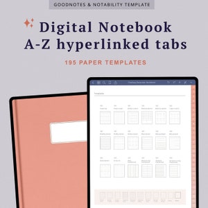 May include: A pink digital notebook with a black cover and a white label. The notebook is open to a page with a grid of thumbnails showing different paper templates. The text "TheEasyTemplate Notebook" is at the top of the page. The text "GOODNOTES & NOTABILITY TEMPLATE" is at the top of the image. The text "Digital Notebook A-Z hyperlinked tabs" is in a large font at the top of the image. The text "195 PAPER TEMPLATES" is below the title.
