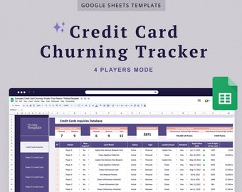 Modèle de journal de suivi des cartes de crédit Feuille de calcul Google Sheets Barattage des cartes de crédit Travel Hacking Chase 5 24 Limite de crédit Frais annuels 4 joueurs