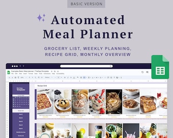 May include: A screenshot of a Google Sheet with a meal planner template. The sheet includes a calendar, recipe grid, weekly planning, and a monthly overview. The sheet is titled "Examples Basic Meal planner/ThelazyTemplate".