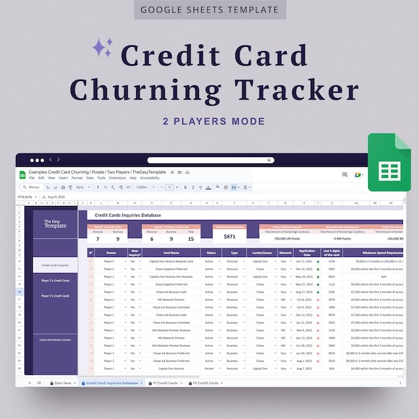 Travel Hacking Google Sheet Tracker Credit Card Barattage Points & Miles Tracker Chase 5/24 Rule Count Google Sheet Travel Rewards Dashboard