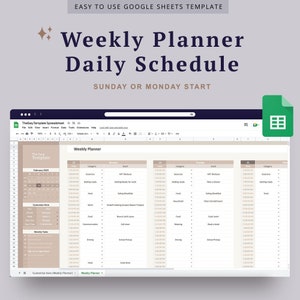 May include: A Google Sheets template for a weekly planner with a daily schedule. The template has a calendar for February 2023, a weekly planner, and a daily schedule for Monday through Sunday. The daily schedule includes columns for time, category, event, and notes.