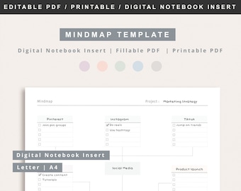 Mapa mental vertical, PDF imprimible Planificador de mapas mentales Planificador de ideas Brainstorm Map Plan de acción Idea Cuaderno digital Insertar diagrama de ideas