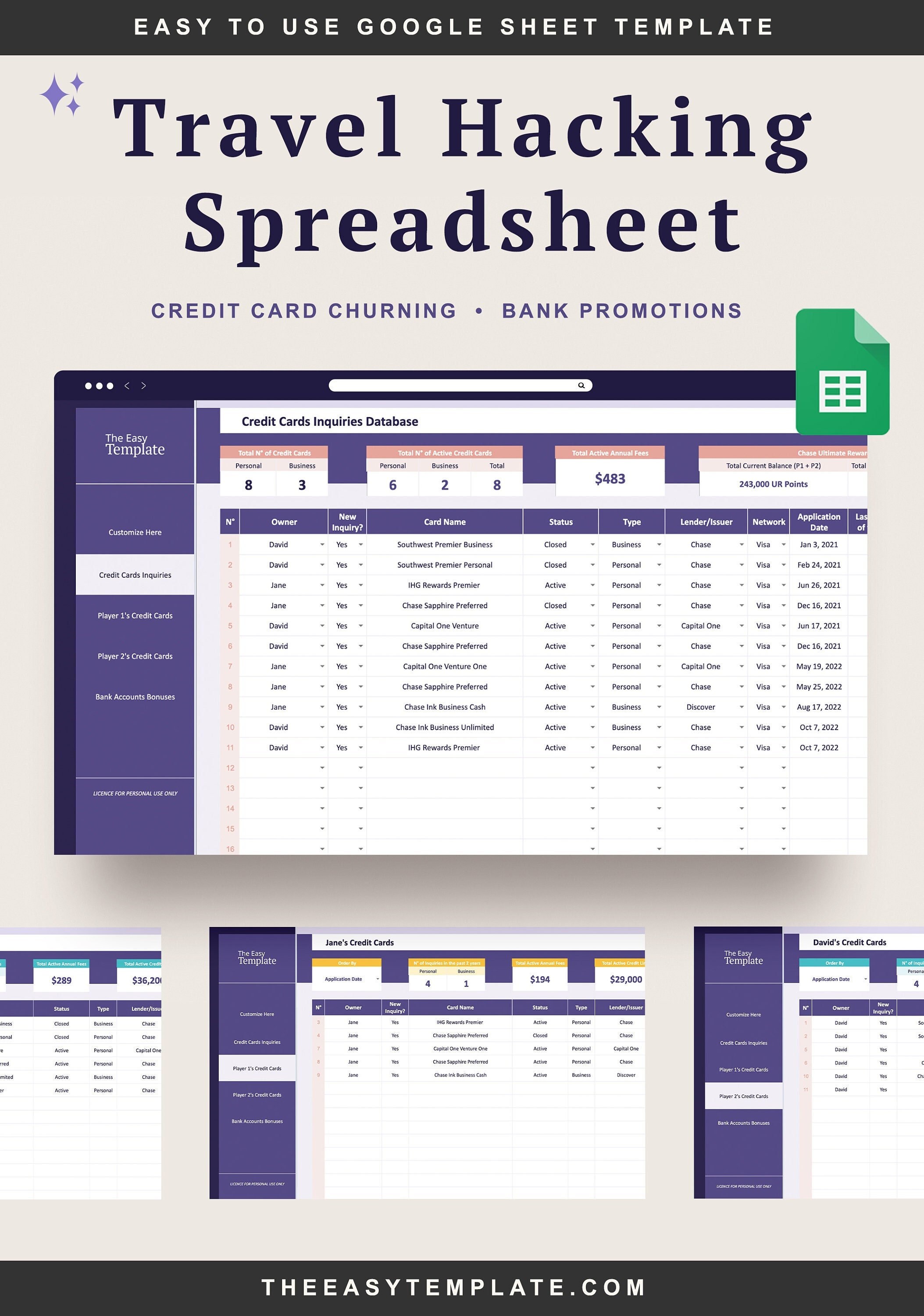 Travel Hacking Google Sheet Tracker Credit Card Churning - Etsy