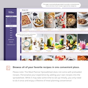 Puede incluir: Una captura de pantalla de una hoja de c&aacute;lculo de planificador de comidas con una cuadr&iacute;cula de im&aacute;genes de diferentes recetas de desayuno y batidos. El texto "Recipe Grid" est&aacute; en la parte superior de la cuadr&iacute;cula. El texto "Use the links for quick redirection to the source websites." est&aacute; debajo de la cuadr&iacute;cula. El texto "Browse all of your favorite recipes in one convenient place." est&aacute; en la parte inferior de la imagen. El texto "Tenga en cuenta: La hoja de c&aacute;lculo del planificador de comidas no viene con recetas precargadas. Personalice su experiencia agregando sus propias recetas a la hoja de c&aacute;lculo. Si bien puede llevar algo de tiempo configurarlo inicialmente, solo necesita hacerlo una vez y disfrutar de una vida de comodidad de planificaci&oacute;n de comidas!" est&aacute; debajo del texto "Browse all of your favorite recipes in one convenient place."