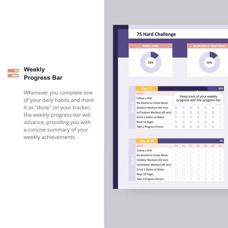 75 Hard Challenge Fitness Habit Tracker Spreadsheet Template Google